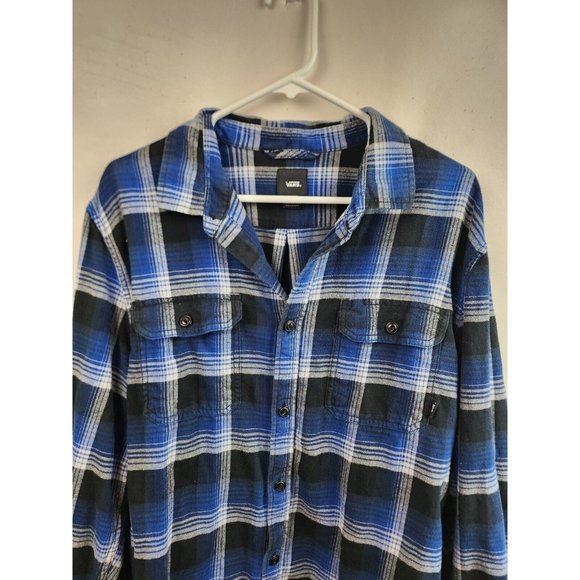 Vans off The Wall Blue Black Plaid Long Sleeve Button Up Flannel Shirt XL - Picture 2 of 8